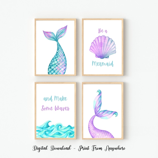 Set of 4 Mermaid Prints, Mermaid Nursery Prints, Mermaid Wall Art Kids, Girls Room Wall Art Prints, Make Waves Print