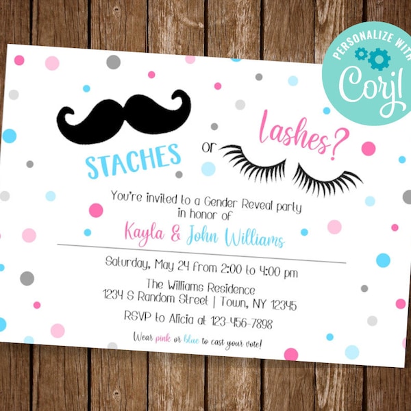 Staches or Lashes Invitation, Lashes Gender Reveal, Moustache Gender Reveal, Gender Reveal Invite, EDIT YOURSELF INVITE