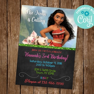 Moana Einladung, Moana Geburtstag einladen, Prinzessin Moana, Maui einladen, der Ozean ruft, EDIT YOURSELF INVITE