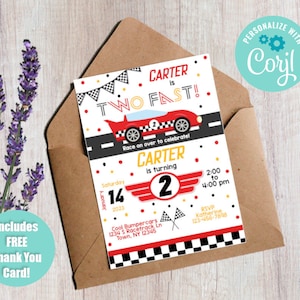 Race Car Birthday Invitation, Two Fast Invite, Race Car Second Birthday, Racing Invitation, EDIT YOURSELF INVITE