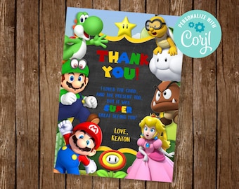Tarjeta de agradecimiento de Super Mario, invitación de cumpleaños de Super Mario, invitación a fiesta de Mario, descarga instantánea, tarjeta editable.
