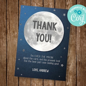 Dos la luna gracias tarjeta, dos el cumpleaños de la luna, dos la fiesta de la luna, fiesta de cumpleaños de la luna, invitación de la luna, invitación del espacio