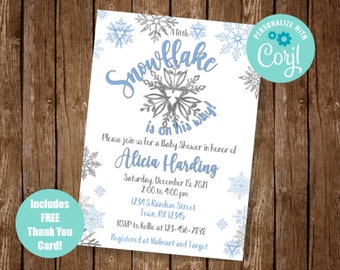 May include: A blue and silver snowflake baby shower invitation with the text "A little snowflake is on his way."  The invitation includes the name Alicia Harding, the date and time of the shower, the address, and RSVP information.  It also includes the text "Personalized with Corjl" in a blue circle.