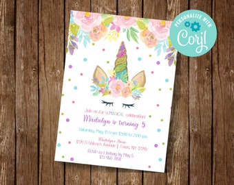 Unicorn Invitation, Unicorn Birthday Invite, Unicorn First Birthday, Magical Birthday Invite