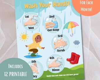 Pósteres temáticos de lavado de manos, pósteres de lavado de manos de 12 meses, imprimibles para guardería, imprimibles para preescolar, letreros para guardería, letreros para preescolar