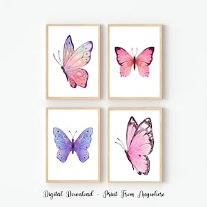 Set of 4 Butterfy Prints, Butterfly Print Wall Art, Printable Wall Art, Girls Room Wall Art, Nursery Prints, Pink Purple Butterfly Art