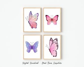 Conjunto de 4 estampados de mariposas, arte de pared con estampado de mariposas, arte de pared imprimible, arte de pared de habitación de niñas, grabados de vivero, arte de mariposa púrpura rosa