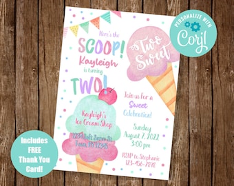 Ice Cream Birthday Invitation, Two Sweet Invitation, Ice Cream Party Invite, Second Birthday Party EDIT YOURSELF INVITE