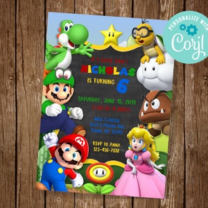 May include: A colorful invitation for a 6th birthday party featuring characters from the Super Mario video game series. The invitation has a chalkboard background with the text "It's Party Time! Nicholas is turning 6" and details for the party. The characters include Mario, Luigi, Peach, Bowser, Yoshi, and a Goomba.
