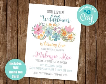 Wildflower Invitation, Wildflower Birthday Invite, Little Wildflower Invite, First Birthday Invite, Floral Invitation