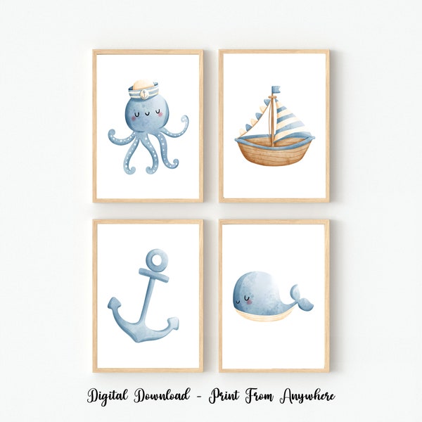 Set of 4 Nautical Prints, Nautical Nursery Prints, Nautical Wall Art Kids, Boys Room Wall Art Prints, Under the Sea Prints