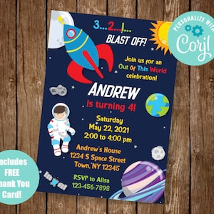Space Invitation, Space Birthday Invite, Astronaut Invitation, Outer Space Party, Rocket Ship Invite, Printable, Instant Download