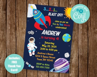 Space Invitation, Space Birthday Invite, Astronaut Invitation, Outer Space Party, Rocket Ship Invite, Printable, Instant Download