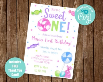 May include: A pink, blue and green candy-themed first birthday party invitation with the text "She's a Sweet ONE!" and "Join us to celebrate Maia's First Birthday!" The invitation includes the date, time and location of the party, as well as an RSVP number.