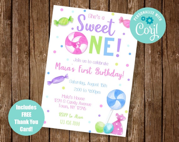 Sweet One Invite, Candy Invitation, Candy Birthday Party, Sweet One Party, Candy First Birthday, Sweets Invitation