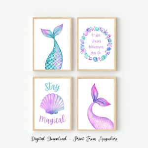 Juego de 4 impresiones de sirena, impresiones de sirena para guardería, arte de pared de sirena para niños, impresiones de arte de pared para habitación de niñas, impresiones bajo el mar