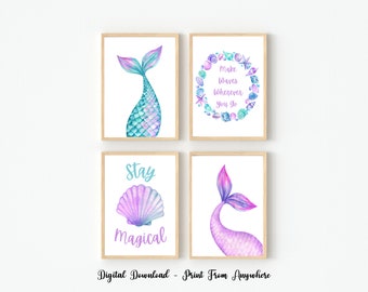Set of 4 Mermaid Prints, Mermaid Nursery Prints, Mermaid Wall Art Kids, Girls Room Wall Art Prints, Under the Sea Prints