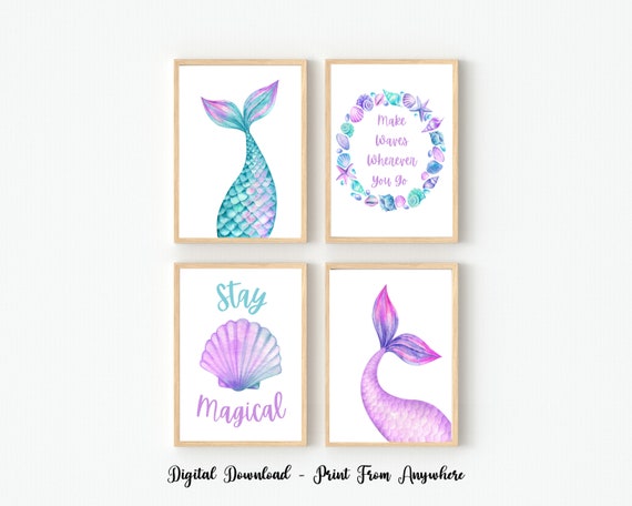 Set of 4 Mermaid Prints, Mermaid Nursery Prints, Mermaid Wall Art Kids, Girls Room Wall Art Prints, Under the Sea Prints