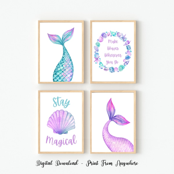 Set of 4 Mermaid Prints, Mermaid Nursery Prints, Mermaid Wall Art Kids, Girls Room Wall Art Prints, Under the Sea Prints