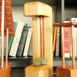 May include: Three wooden table lamps with copper pipes and light bulbs. The center lamp has a small potted plant in the base.
