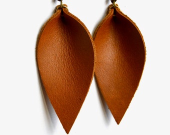 Cognac Brown Leather Leaf Earrings: Leather Leaf Earrings / Light Brown Leather Leaf Earrings // Leafy Treetop