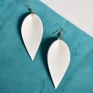 Bright White Leather Leaf Earrings  //  White  Leather Petal Earrings  //  Leafy Treetop Leather