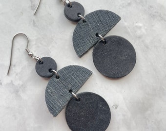 Charcoal Black Tiered Leather Statement Earrings