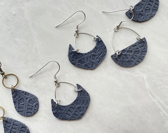 Navy Embossed Leather Crescent Hoop Earrings