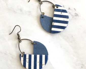 Blue and White Striped Cork  Leather Lever Back Earrings