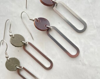 Neutral Olive or Dark chocolate Brown  Leather and Stainless Steel Oval Drop Dangle Earrings