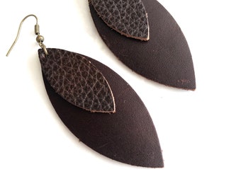 Dark Chocolate Brown Stacked Double Leaf Leather Earrings