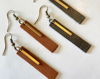 Simple Small Leather and Brass Bar Earrings - Cognac or Olive Leather Earrings