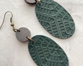 Large Oval Forest Green Embossed Leather and Wood  Earrings