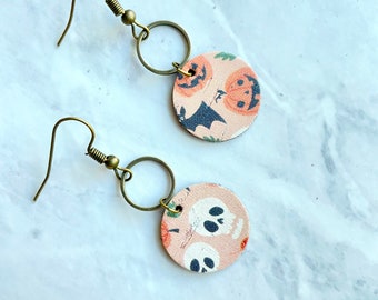 Orange and Black Halloween Pumpkin Print Cork Leather Earrings