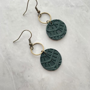 Forest Green Embossed Leather Small Circle Drop Earrings
