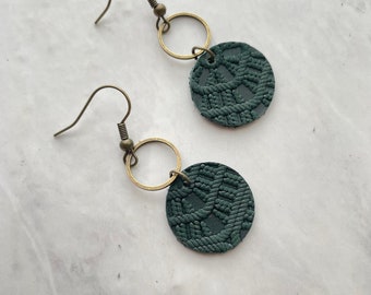 Forest Green Embossed Leather Small Circle Drop Earrings