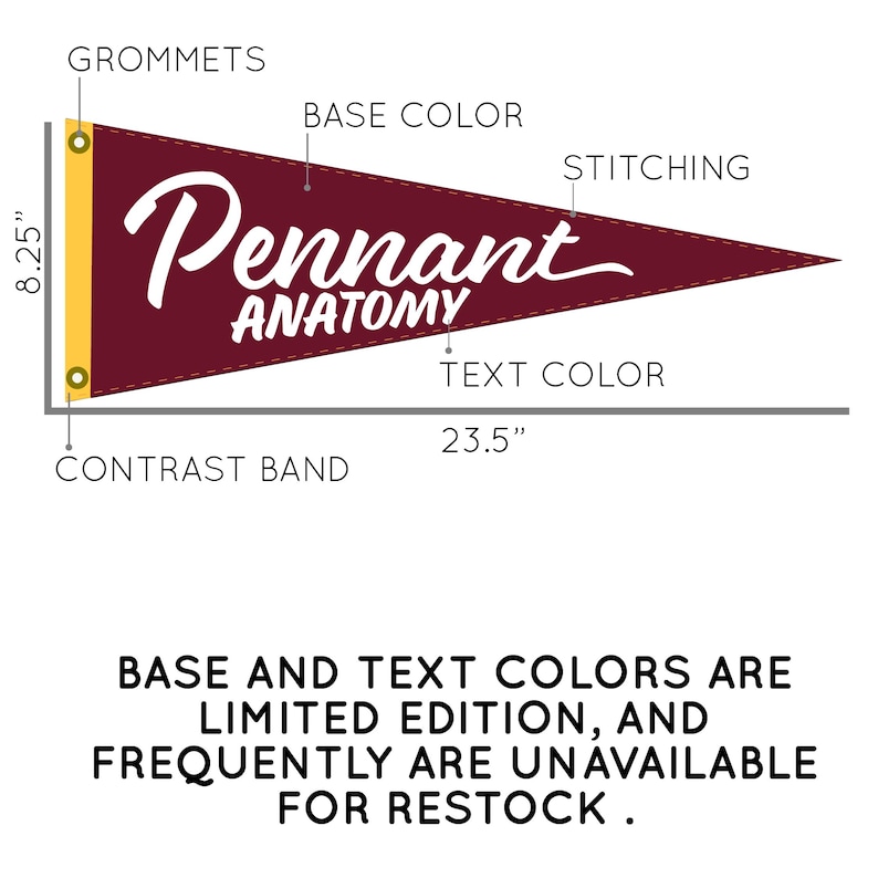 May include: Maroon pennant with white text reading "Pennant Anatomy." The pennant is 23.5 inches long and 8.25 inches tall, with a gold contrast band and grommets. The text and base colors are limited edition.