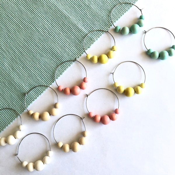 Wood Beaded Hoop Earrings:  Stainless Steel Hoop Earrings | Spring Earrings Melon, Mint, Yellow, White, Natural Wood Bead Hoop Earrings