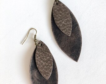 Bomber Brown Stacked Double Leaf Leather Earring