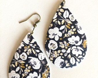 Slate  and Mustard  Floral  Leather Teardrop Earrings