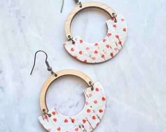 White and Tiny Red Heart Arc Cork and Leather Earrings