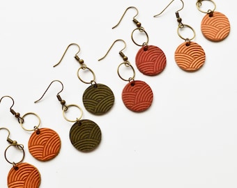 Rainbow Stamped Leather Earrings Small Circle Drop