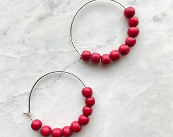 Cranberry Red  Wooden Seed Bead Hoop Earrings | Stainless Steel Beaded Hoop Earrings