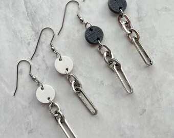 Charcoal Black or White Leather Long Statement Chain Link Earrings