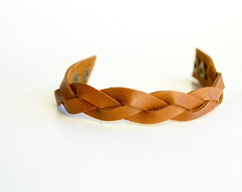 Women's Braided Leather Cuff:  Genuine Leather Cognac Brown Magic Braided Leather Bracelet