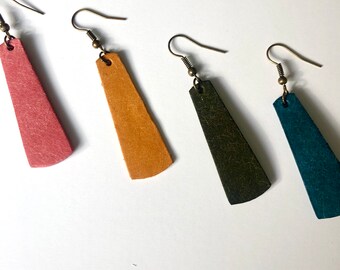 Sycamore Leather  Bar Earrings:  Genuine Leather Earrings Olive, Peacock, Melon Pink, or Goldenrod Yellow