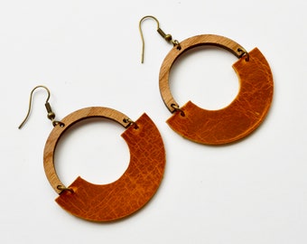 Large Leather and Wood Autumn Colored Hope Hoops