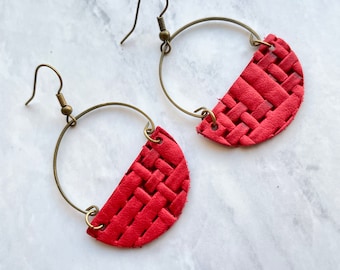 Bright Red Genuine  Leather Crescent Hoop Earrings