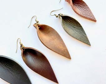 Leather Leaf Shaped Earrings: Leather Leaf Earrings // Your Choice of Signature Leather Color