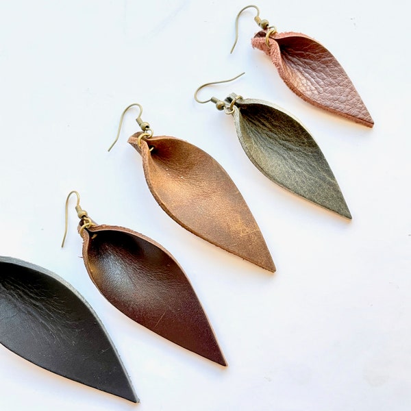 Leather Leaf Shaped Earrings: Leather Leaf Earrings // Your Choice of Signature Leather Color